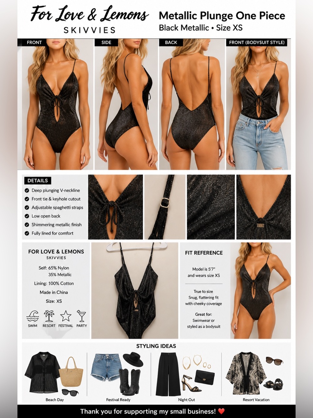 For Love & Lemons Skivvies Black Metallic Plunge One Piece Swimsuit Bodysuit XS